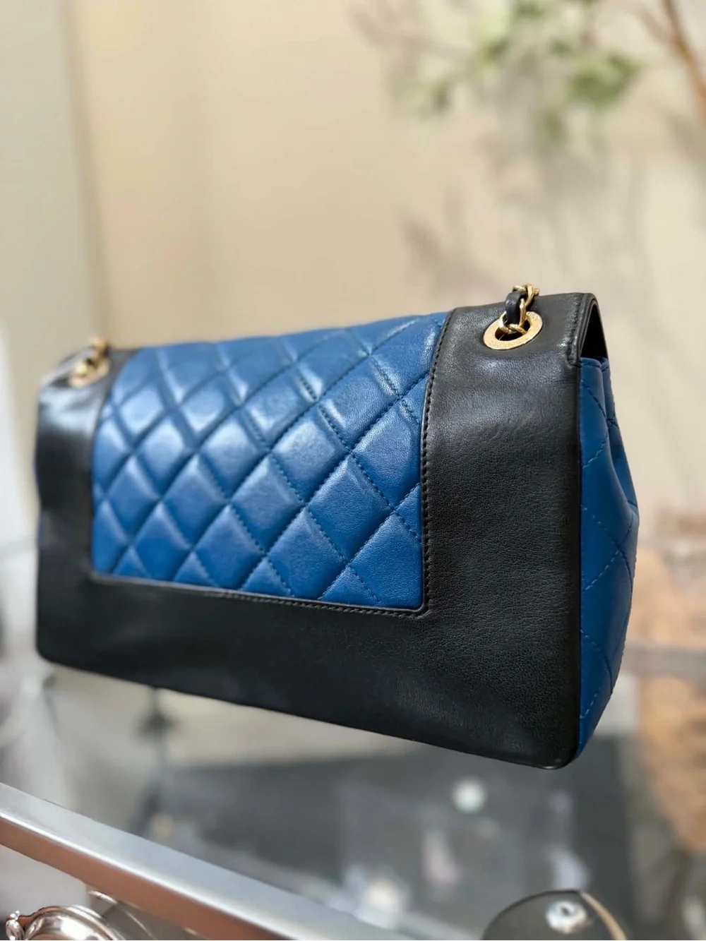 CHANEL Quilted Blue Center Panel Shoulder Bag with Black Trim